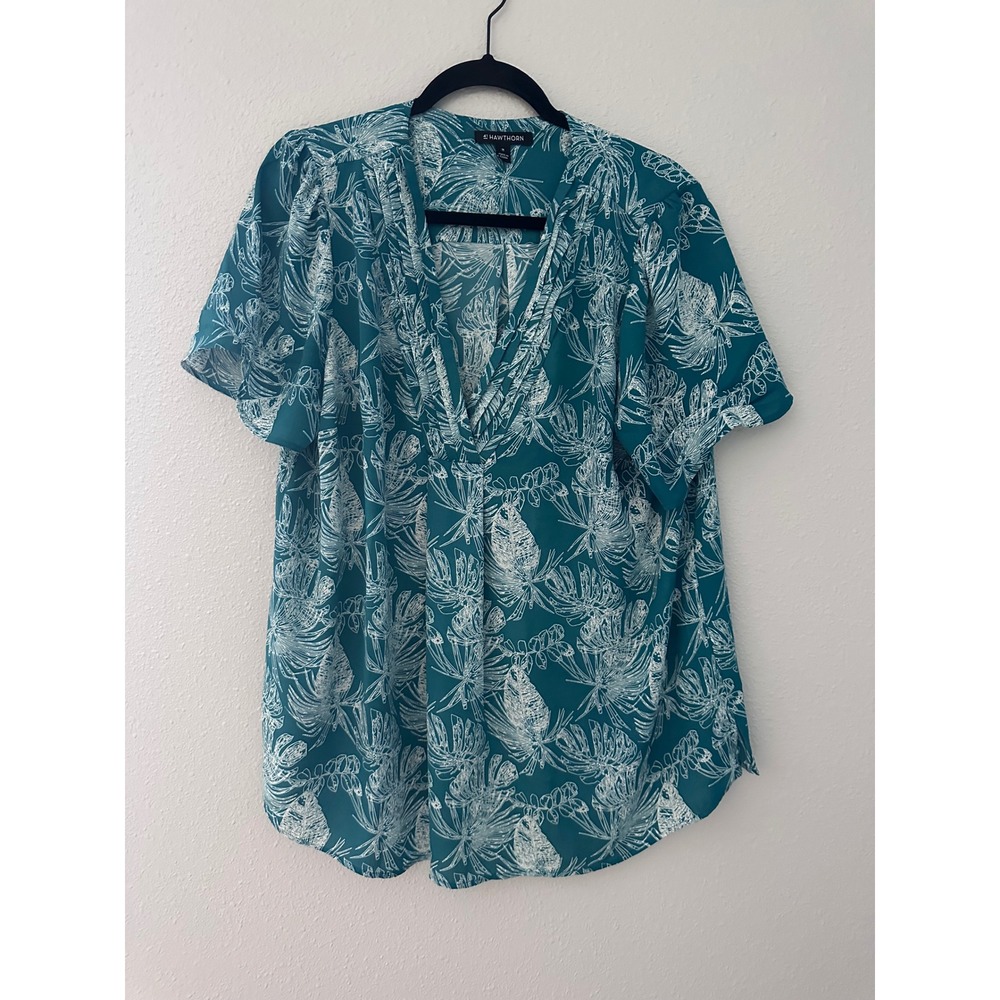 41 Hawthorn Teal Green Tropical Leaf Print V-Neck Blouse 1X WPW10061A